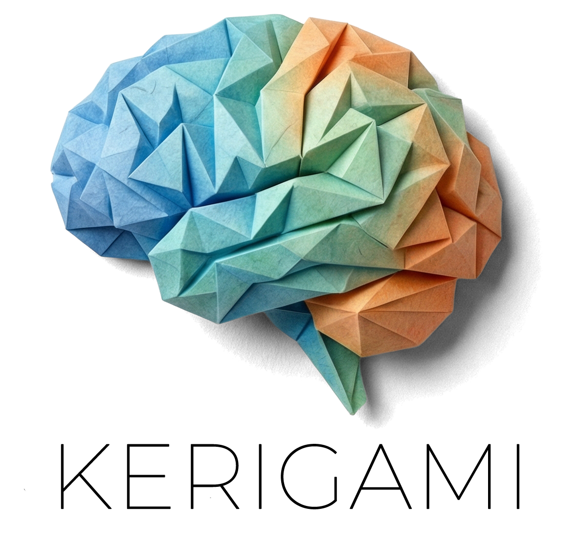 Kerigami — Origami brain logo in teal, mint, and peach